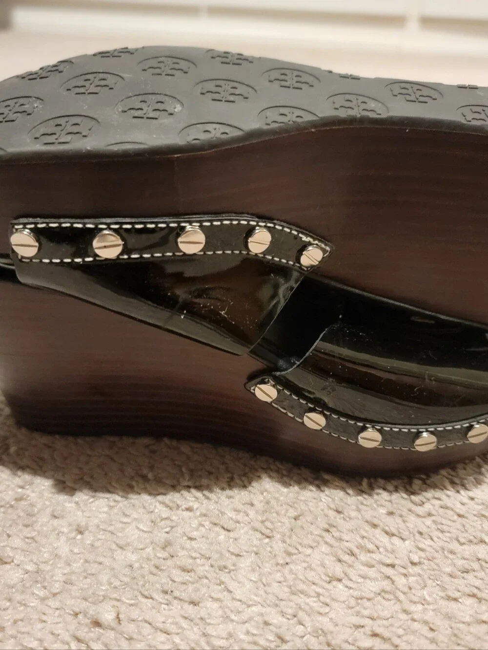 Tory Burch Patti Black Patent Leather Slides Platform Wedge Mule Sandal Size 8